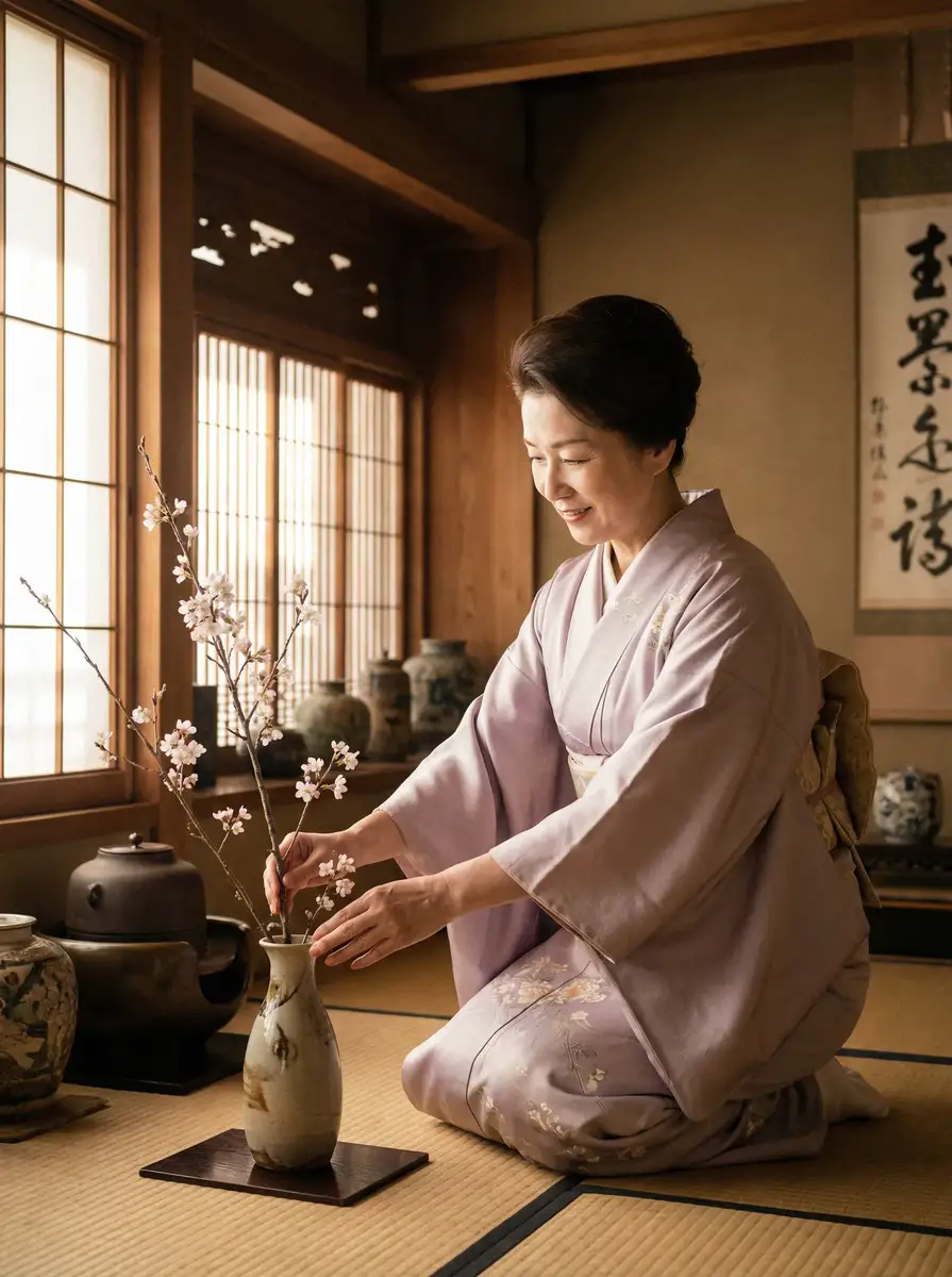 一位优雅的 优德w88平台 在和室中插花